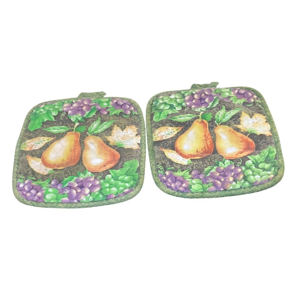 Better Homes and Gardens Pot Holder Set Green Fruit Pear Grape Quilted Vintage